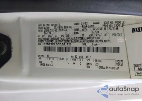 2012 Ford E-250 Commercial z USA, uszkodzony, nr VIN 1FTNE2EL8CDA61728